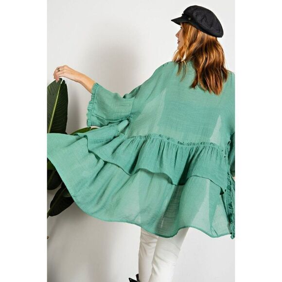 easel Tops - Easel Lightweight Half Sleeve Double Ruffled Open Long Cardigan Wormwood ET3297